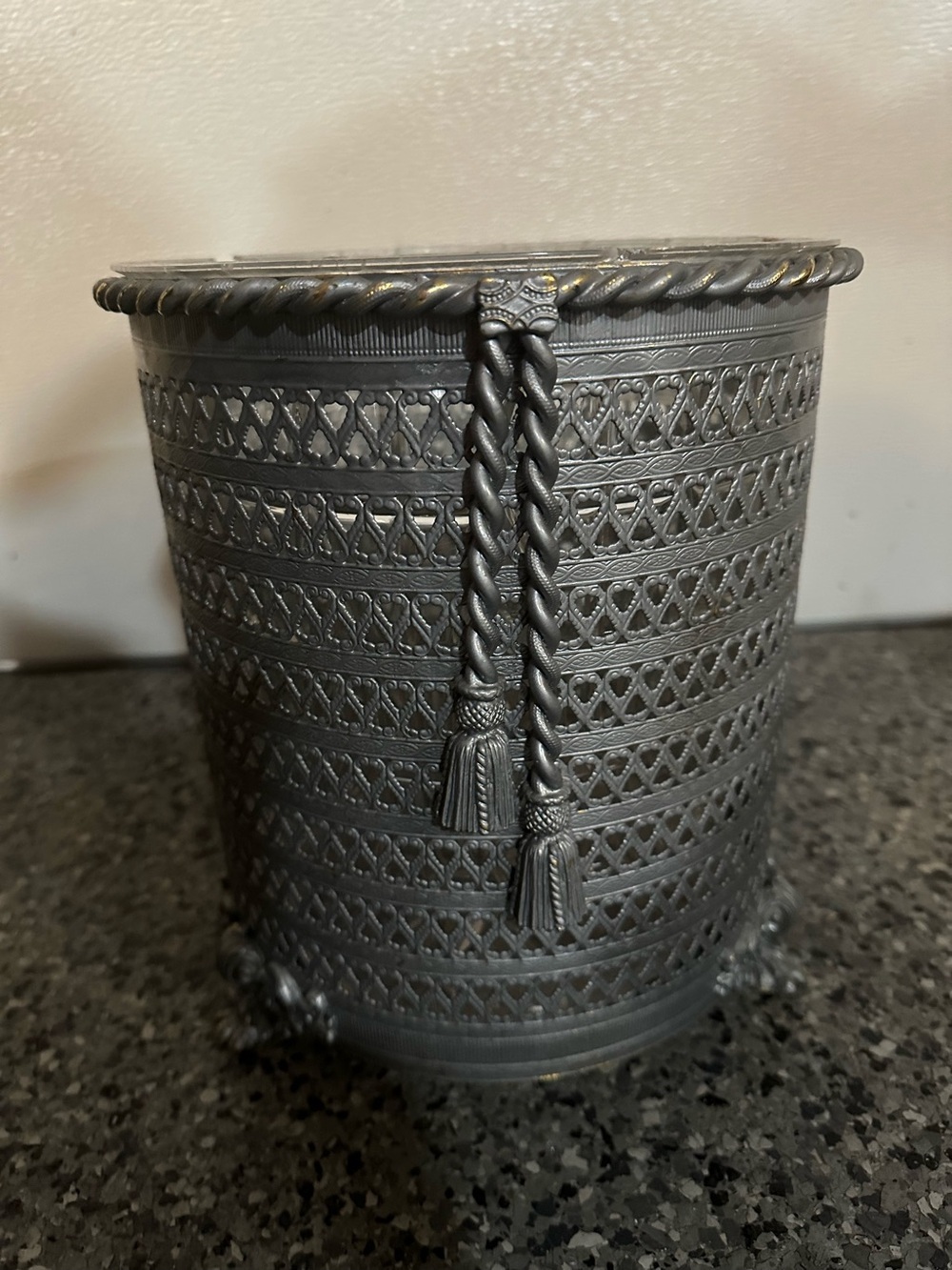 Hollywood Regency Gold Filigree Scroll Footed Trash Can & Liner MCM Vintage Rope